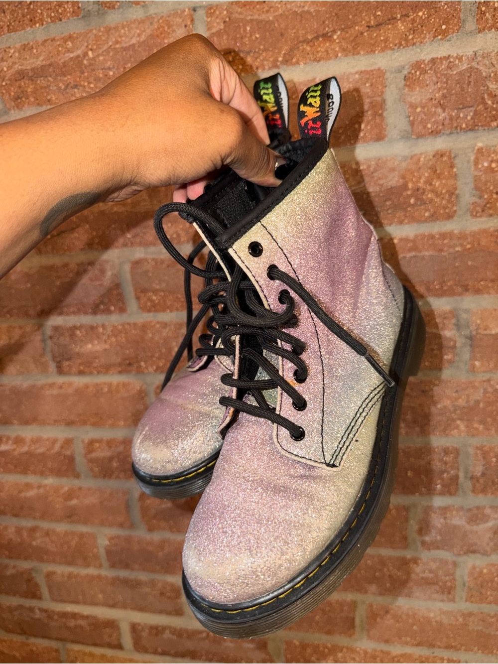 Dr. Martens Iridescent Glitter Lace-Up Boots in Pink and Silver